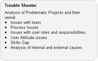 Trouble Shooter Role: Analysis of Problematic Projects and their revival. · Issues with team. · Process Issues. · Issues with user roles and responsibilities. · User Attitude issues. · Skills Gap. · Analysis of Internal and external causes.