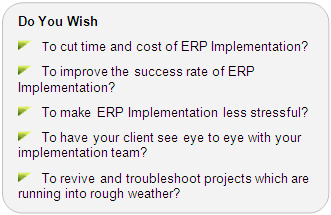  Do You wish to cut time and cost of ERP Implementation? Do you wish to improve the success rate of ERP Implementation? Do you want ERP Implementation to be less stressful? Do you wish that your client sees eye to eye with your implementation team? Do you wish to troubleshoot and revive projects which are running into rough weather?